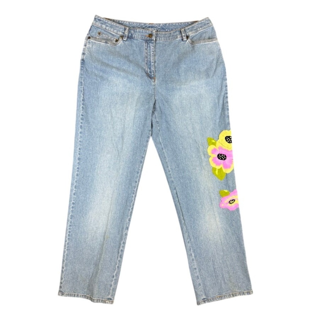 Susan Bristol Womens Floral Embroidered Jeans Light Wash Denim High Rise Size 14
